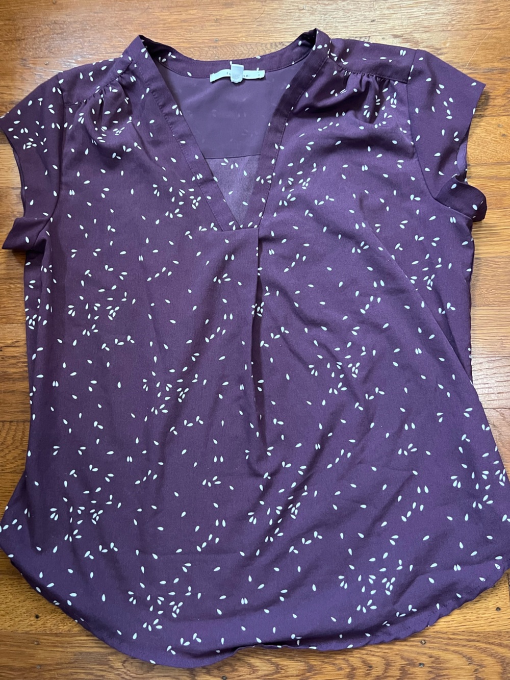 fun 2 fun Plum Purple Short Sleeve V-Neck Blouse with White Dot Print